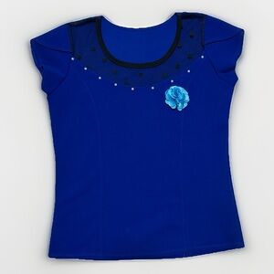Blue Top with Sheer Polka Dot Detail